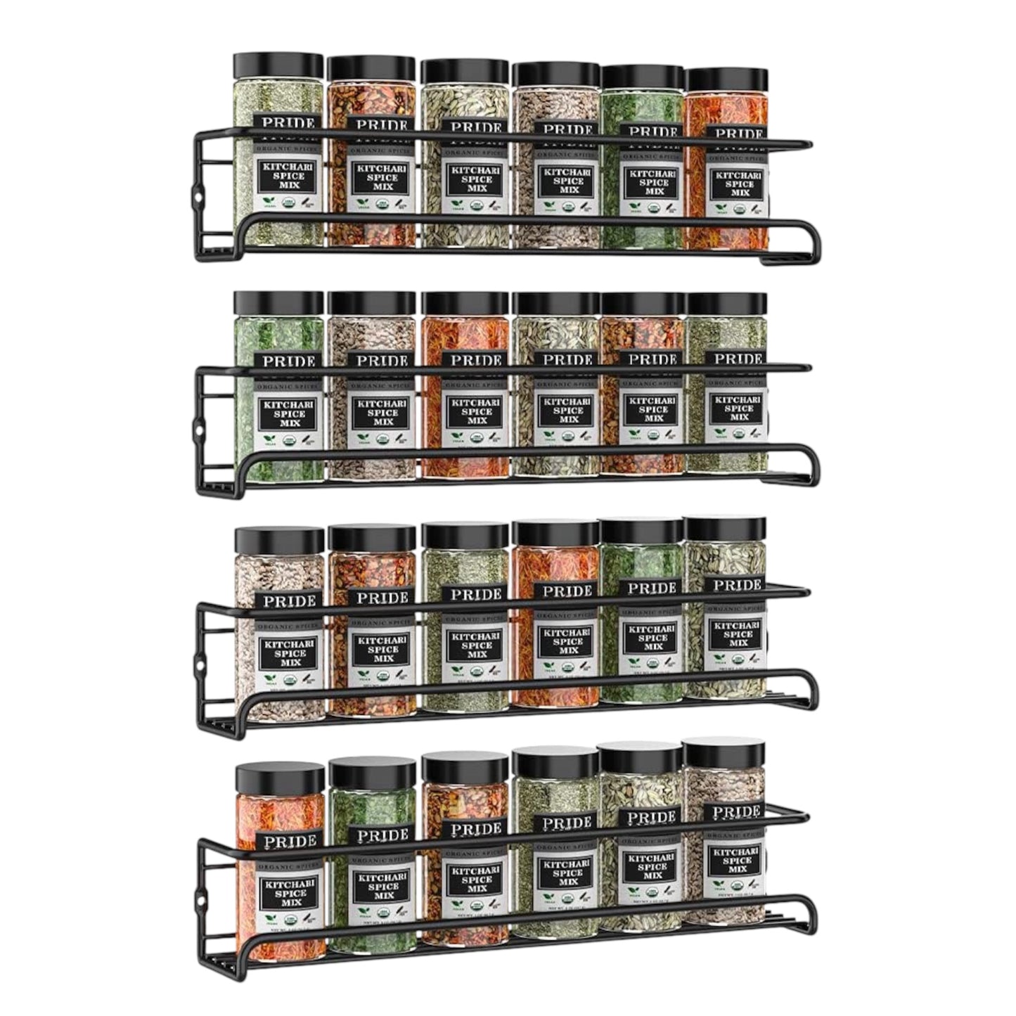 Spice Racks Organiser - 4 Tier Hanging Stainless Steel Wall Mounted with Adhesive Stickers & Screws Kitchen Pantry Shelf for Spices and Condiments, Jars (Black)