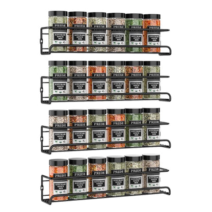 Spice Racks Organiser - 4 Tier Hanging Stainless Steel Wall Mounted with Adhesive Stickers & Screws Kitchen Pantry Shelf for Spices and Condiments, Jars (Black)