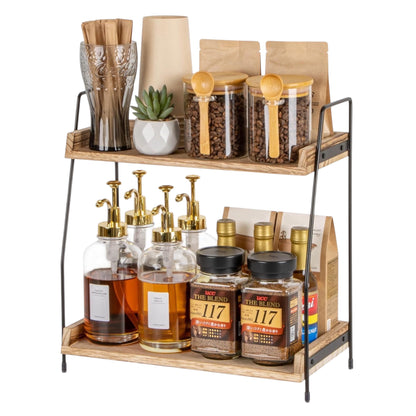 2-Tier Coffee Station Organiser for Countertop – Rustic Wooden Coffee Bar Accessories Storage Rack for Kitchen, Home & Office (Brown)