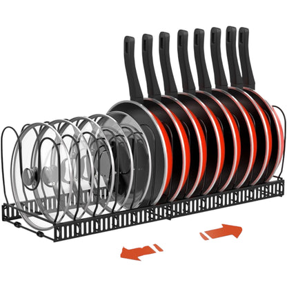 Pan & Pot Organiser for Cupboard – Expandable Lid Holder with 14 Adjustable Dividers, Kitchen Storage Rack (Black)