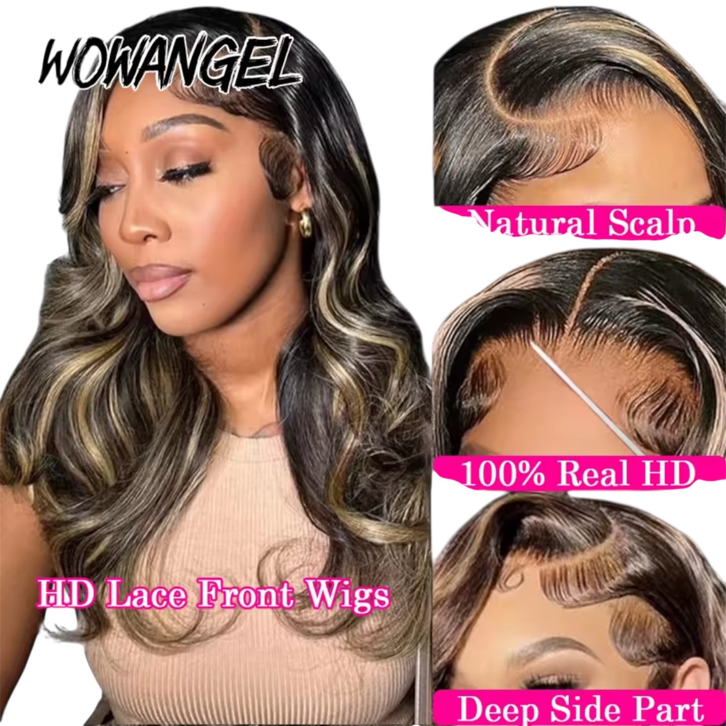 13x6 HD Lace Front Wig – Ombre Highlight, Glueless, 32 Inch Body Wave, Pre-Plucked Brazilian Human Hair