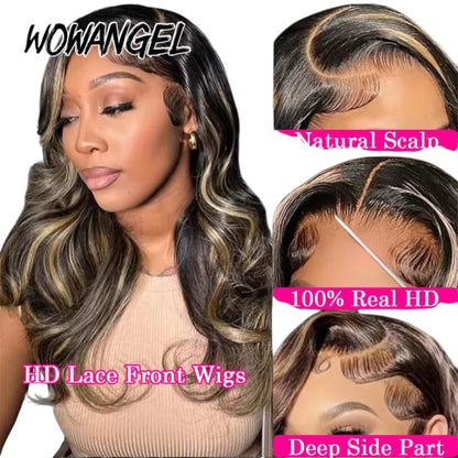 13x6 HD Lace Front Wig – Ombre Highlight, Glueless, 32 Inch Body Wave, Pre-Plucked Brazilian Human Hair