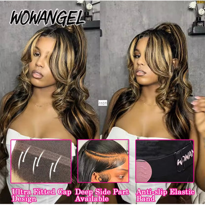 13x6 HD Lace Front Wig – Ombre Highlight, Glueless, 32 Inch Body Wave, Pre-Plucked Brazilian Human Hair