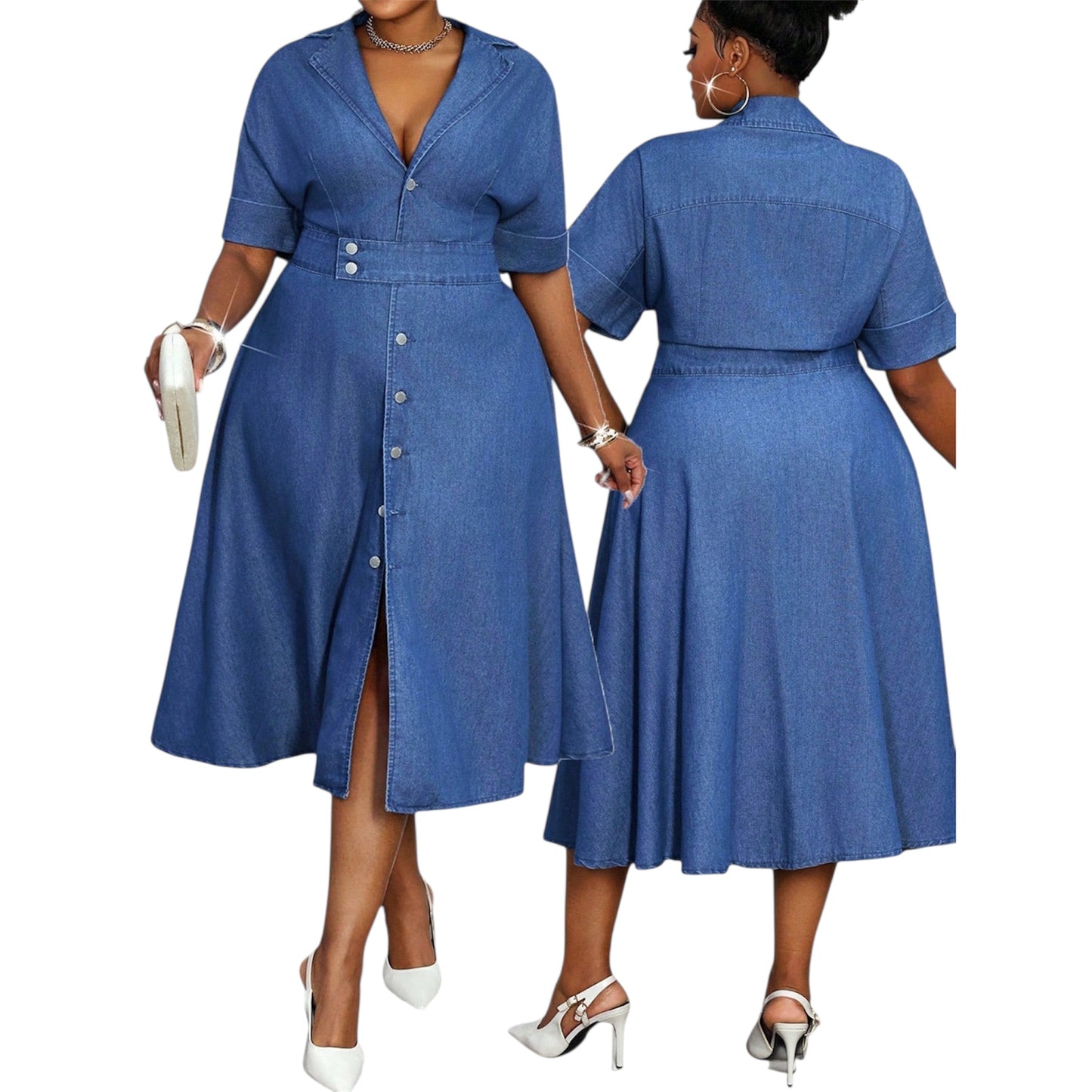 Women’s Plus Size Casual Denim Dress – Lapel Neck, Short Sleeve, Button-Down Summer Dress