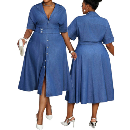 Women’s Plus Size Casual Denim Dress – Lapel Neck, Short Sleeve, Button-Down Summer Dress