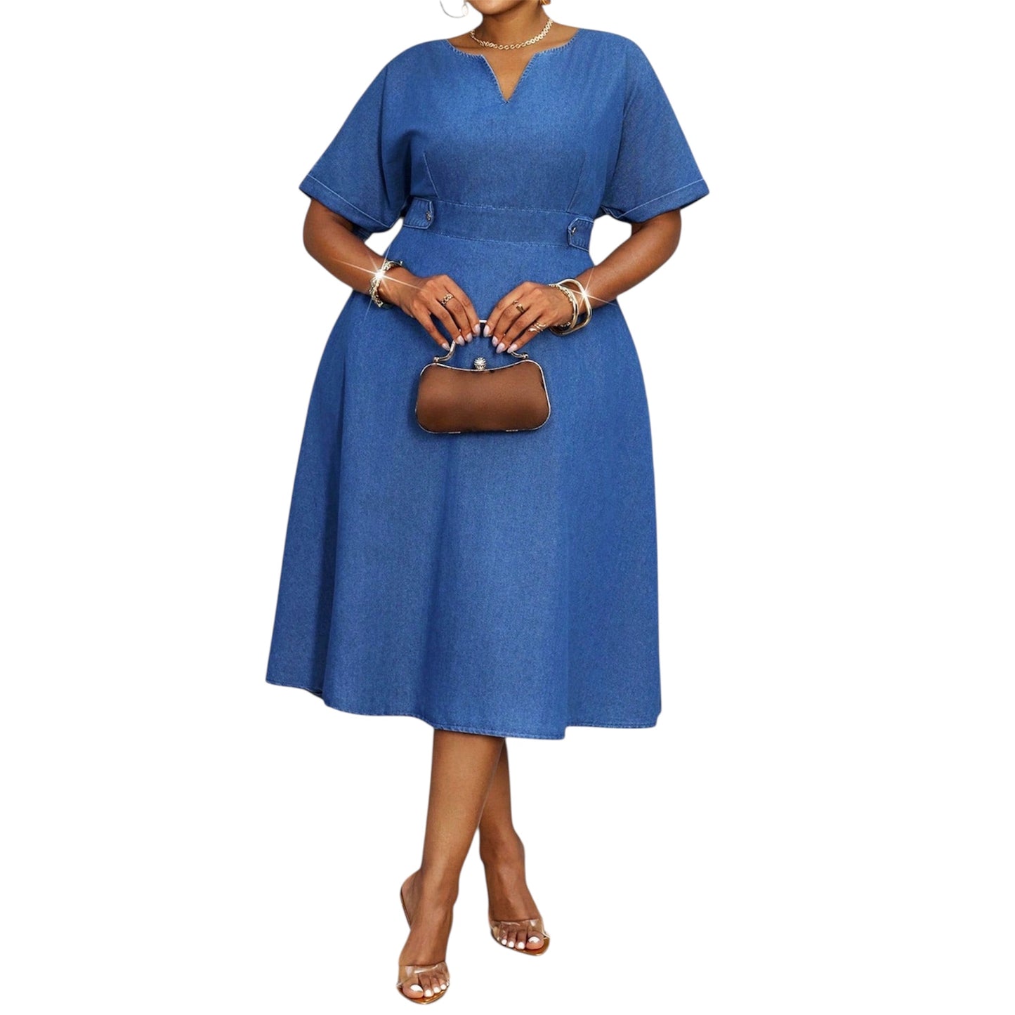 Women’s Plus Size Casual Denim Dress – Notched Collar, Drawstring Waist, A-Line Summer Dress (Blue)