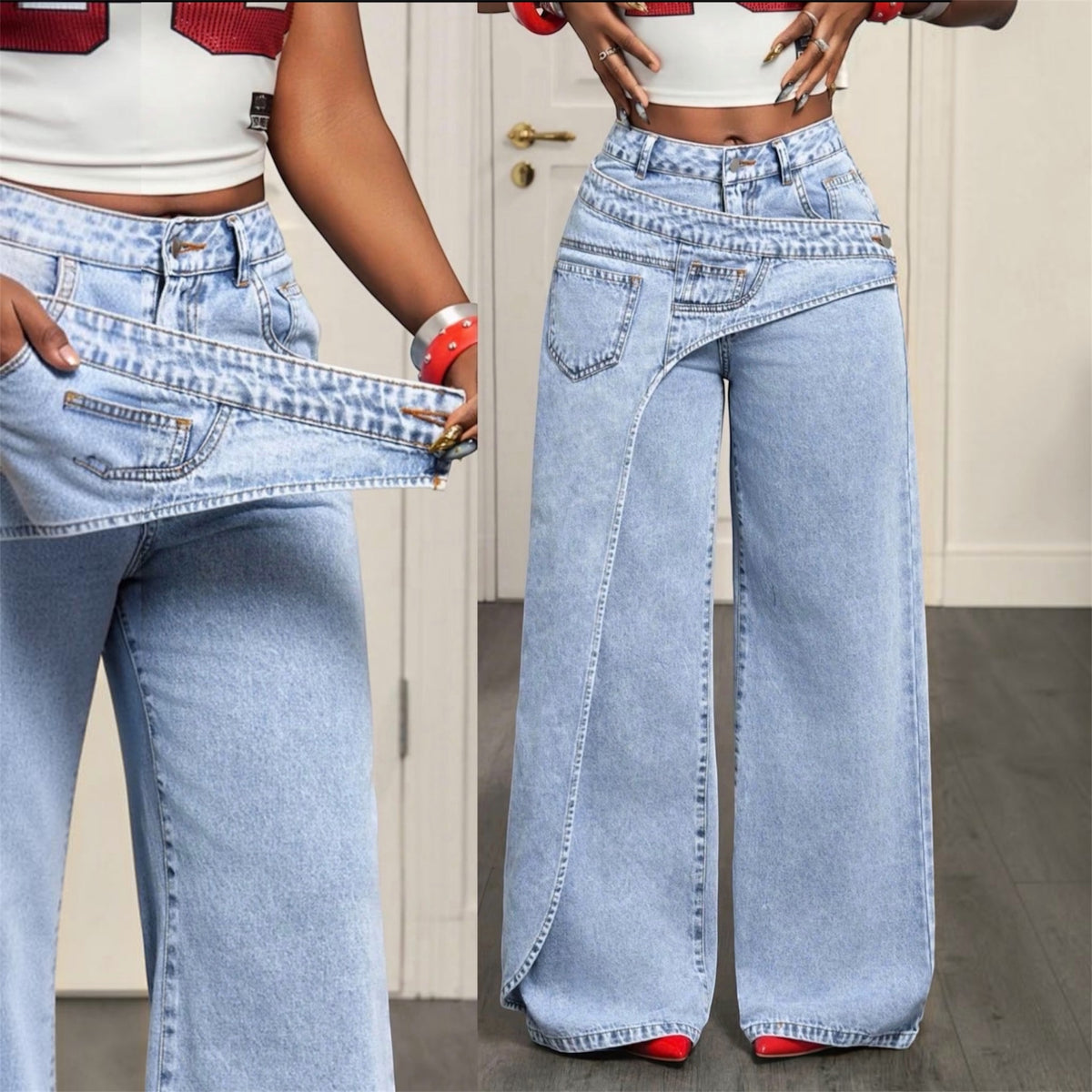 Women’s Casual Loose Fit Denim Long Pants Asymmetrical Design