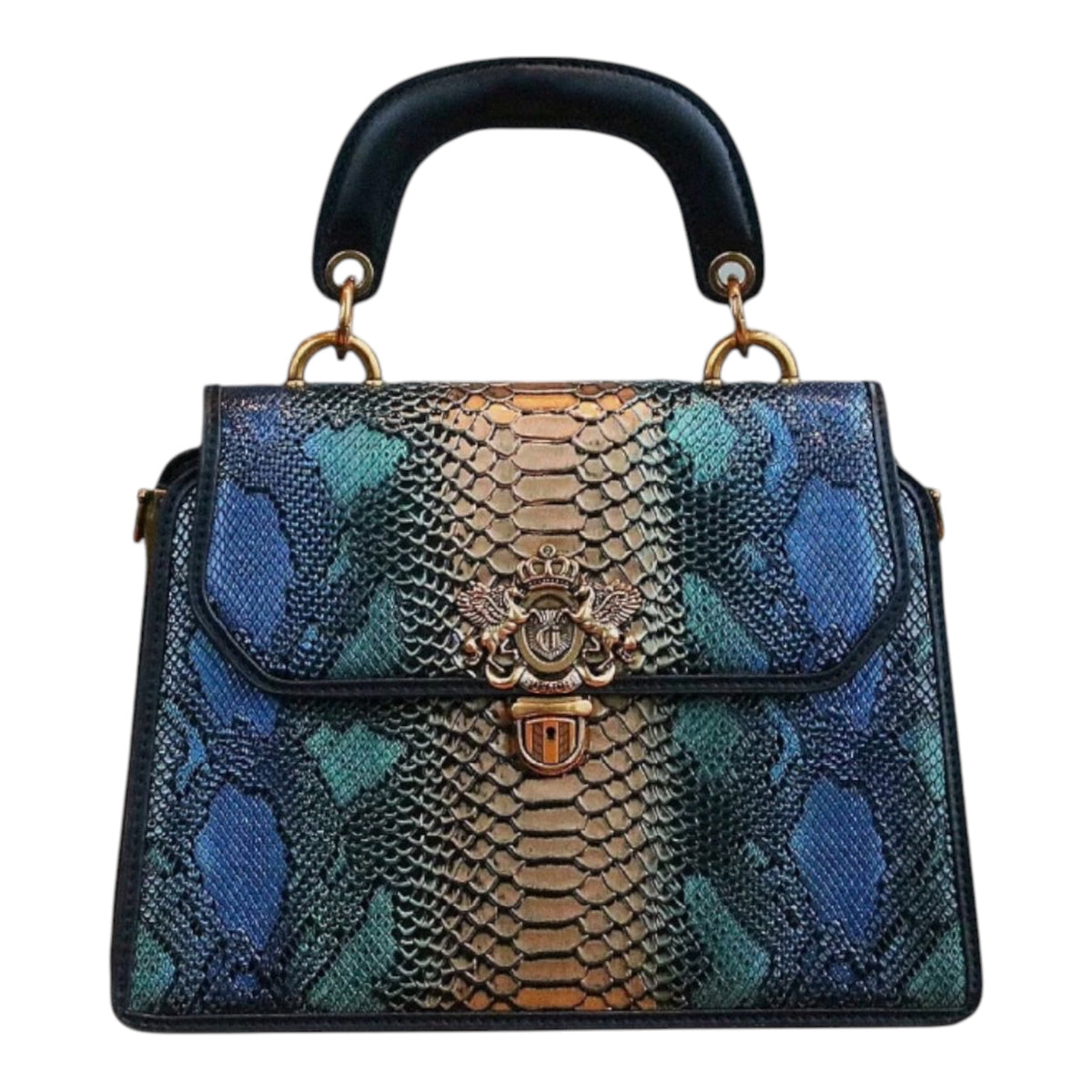 Luxury Custom 2025 Vintage Women’s Handbag – Blue & Gold Snake Print Tote with Lock Ornament