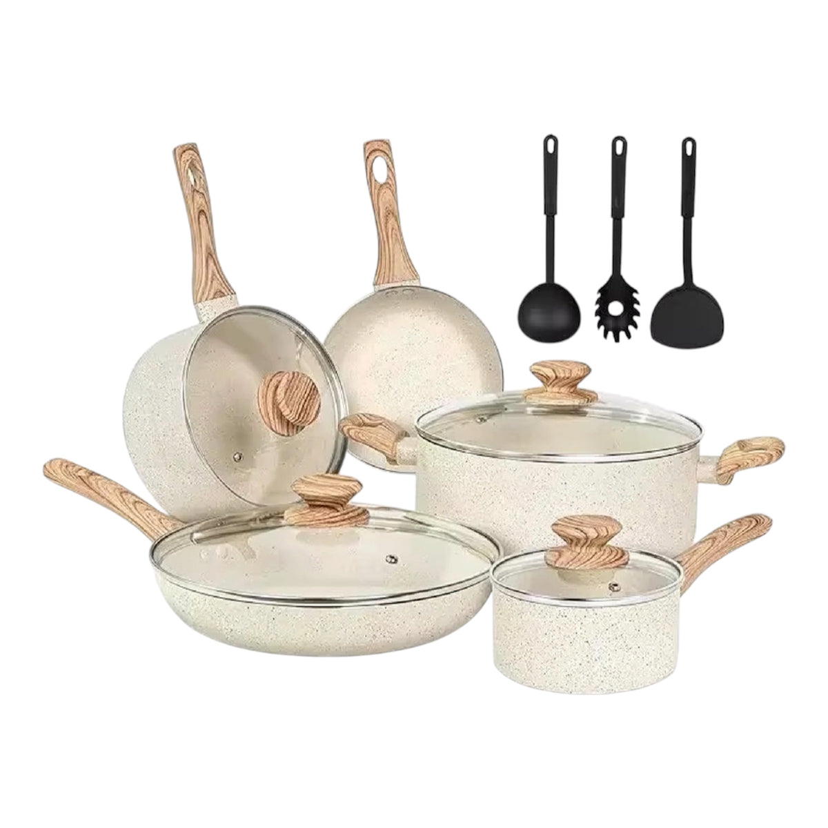 12-Piece Nonstick Granite Cookware Set – Induction & Non-Stick Cooking Pots & Pans (White)
