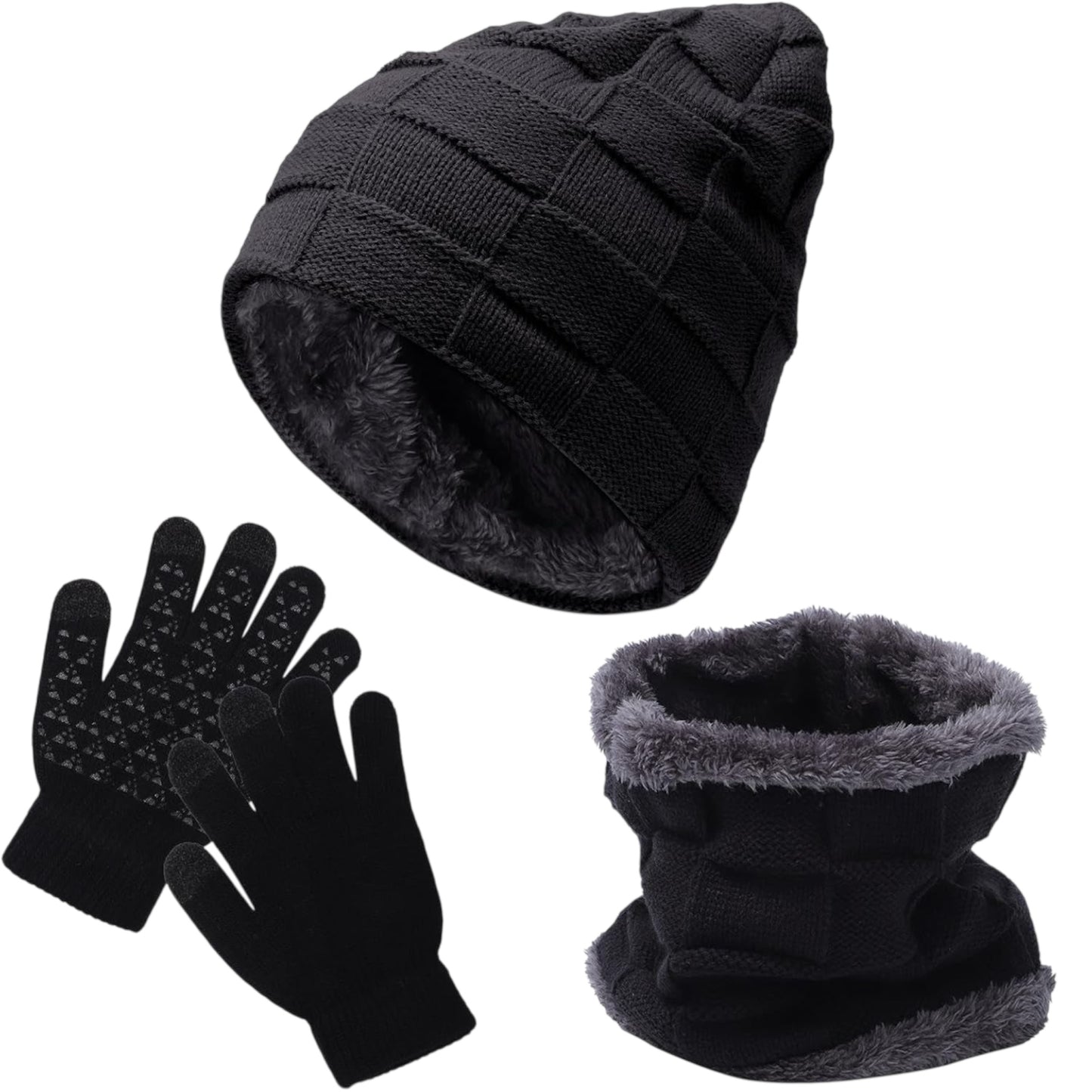 3Pcs Kids Hat Scarf Gloves Set, Winter Knitted Fleece Lined Beanie Hat Neck Warmer Touch Screen Gloves for Girls Boys