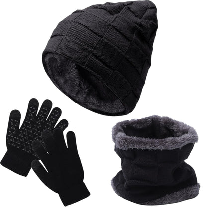3Pcs Kids Hat Scarf Gloves Set, Winter Knitted Fleece Lined Beanie Hat Neck Warmer Touch Screen Gloves for Girls Boys