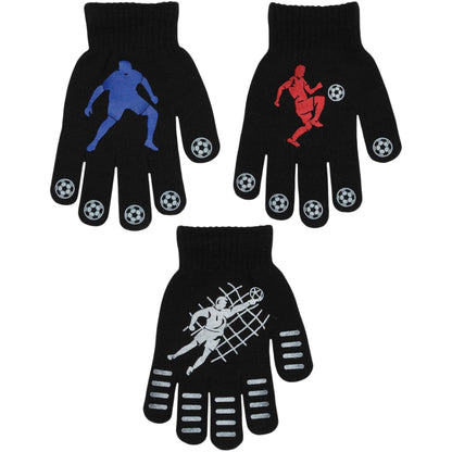 3 Pairs Boys Gripper Magic Gloves Football Designs, 3 Pairs, Black