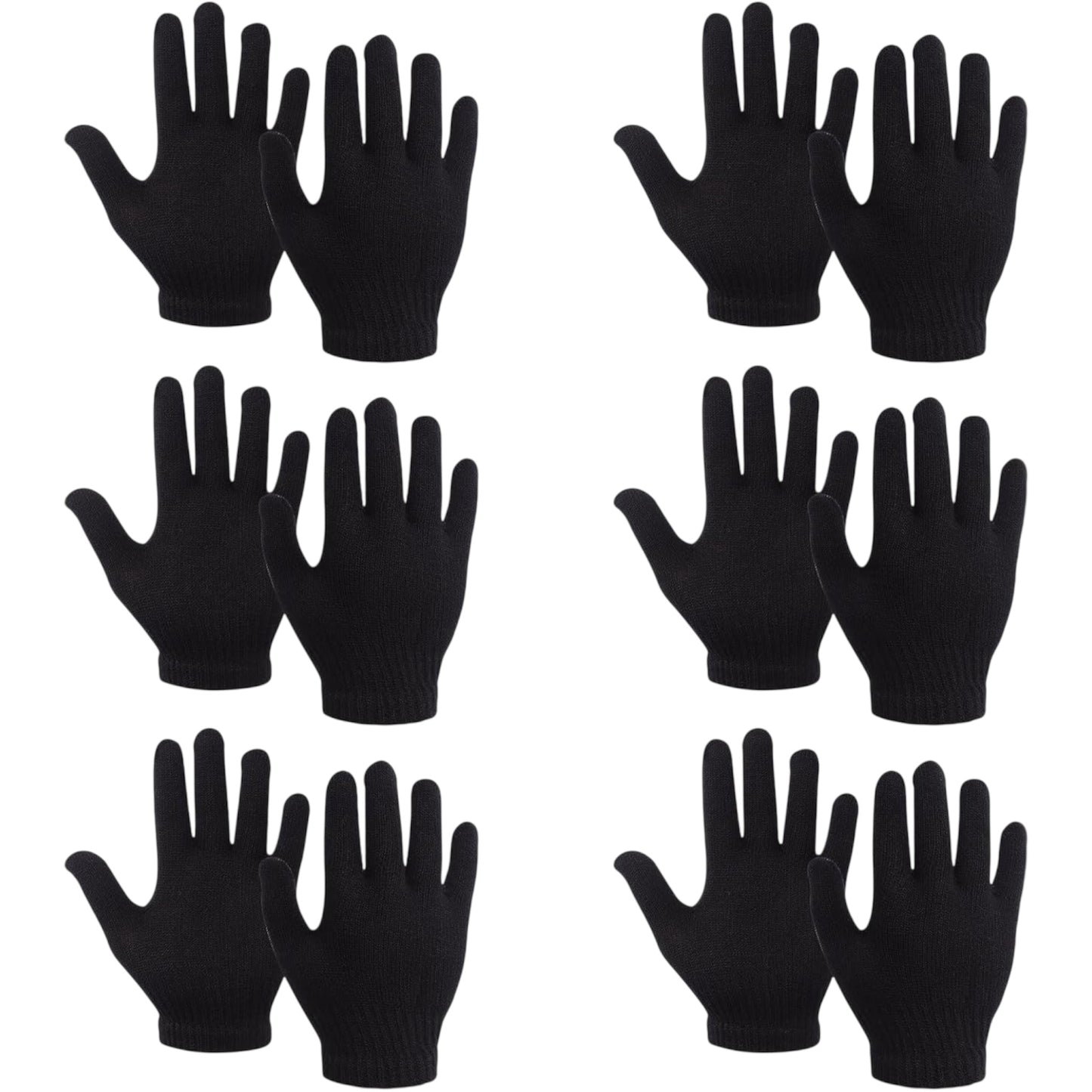6 Pairs Winter Magic Gloves Kids, Warm Knit Stretch Black Full Finger Gloves for Girls Boys