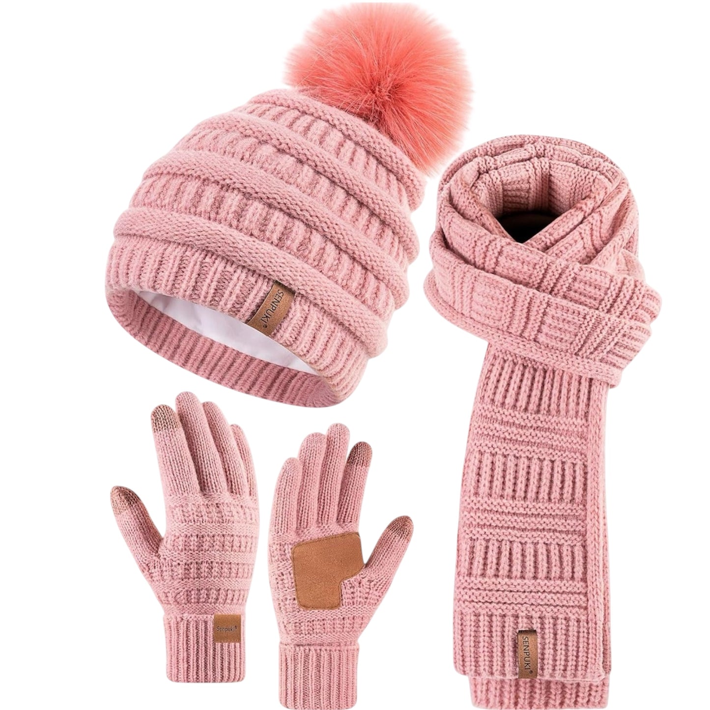 Hat Scarf and Gloves Set Ladies, Cute Pom Pom Winter Beanie Hat for Women with Warm Fleece Lined, Long Knit Bobble Touchscreen Gloves Women Scarf Neck Warmer 3 in 1 Cold Weather Gift Set