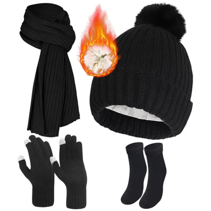 4PCS Winter Beanie Hat Scarf Gloves Set, Pink Black Grey Beige Warm Long Scarf Beanie Hat Thermal Socks Touch Screen Gloves, Winter Thick Set for Women Skiing Outdoor Sports