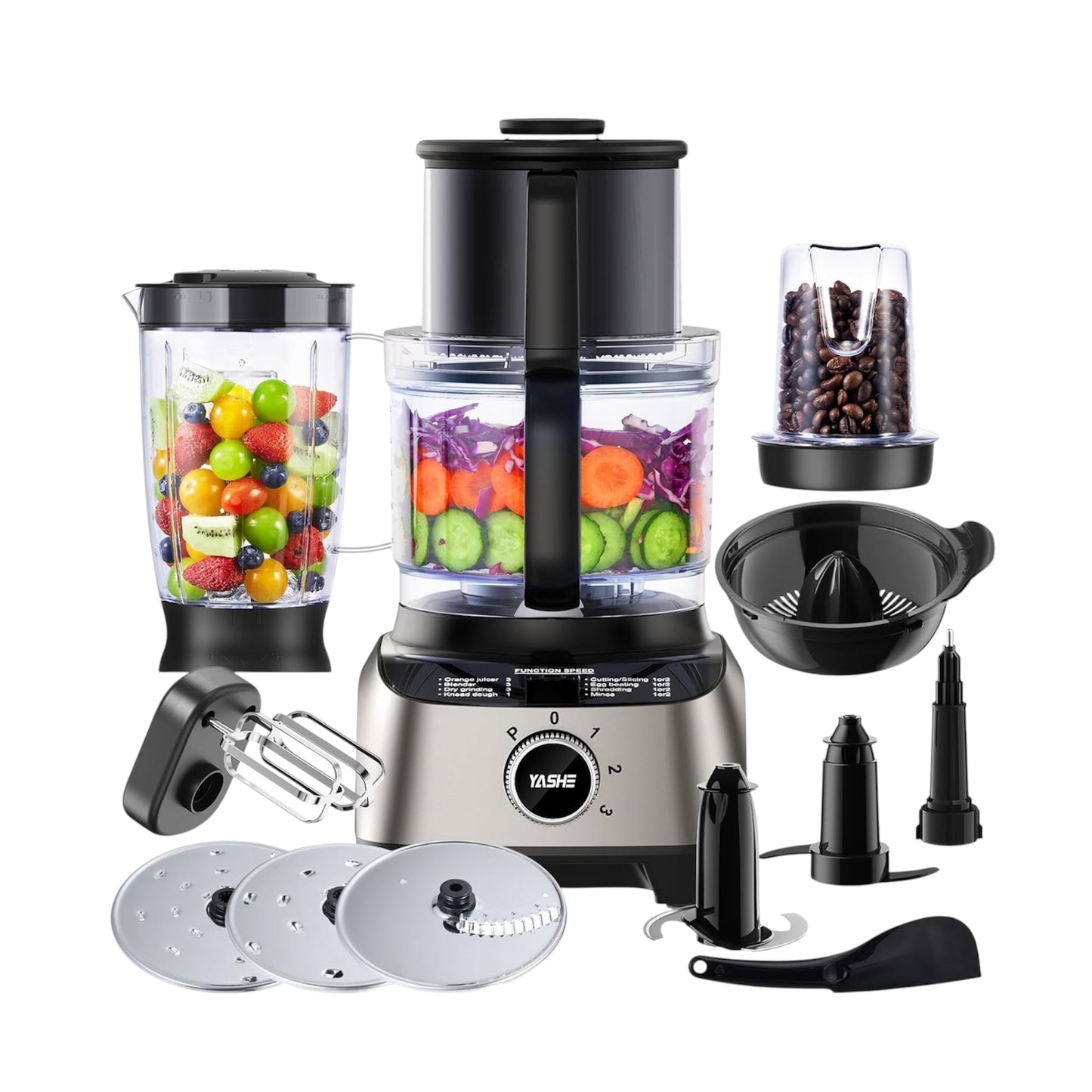 YASHE 1300W Food Processor, 11-In-1 Multifunctional Kitchen Machine with 2.5L Bowl & 1.5L Blender, Mixer, Grinder, Juicer, Dough Kneader, Chopper, Slicer & Shredder for Family Use