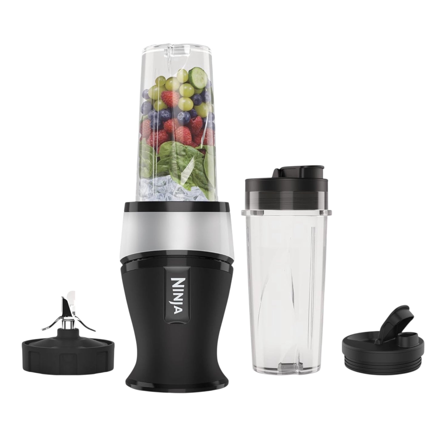 700W Slim Blender & Smoothie Maker, 2X 470Ml Cups with Spout Lids, Personal Blender, Crush Ice & Frozen Fruit, Silver/Black QB3001UKS