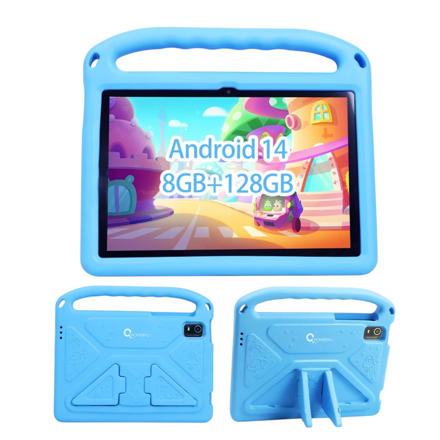 CWOWDEFU Android 14 Kids Tablet 10 Inch,Tablet for Children with Family Link Parental Control,8Gb+128Gb up to 1Tb,Octa-Core,Wifi 6,GMS to Learn Tablets for Toddlers,Face Id,Shockproof EVA Case (Blue）