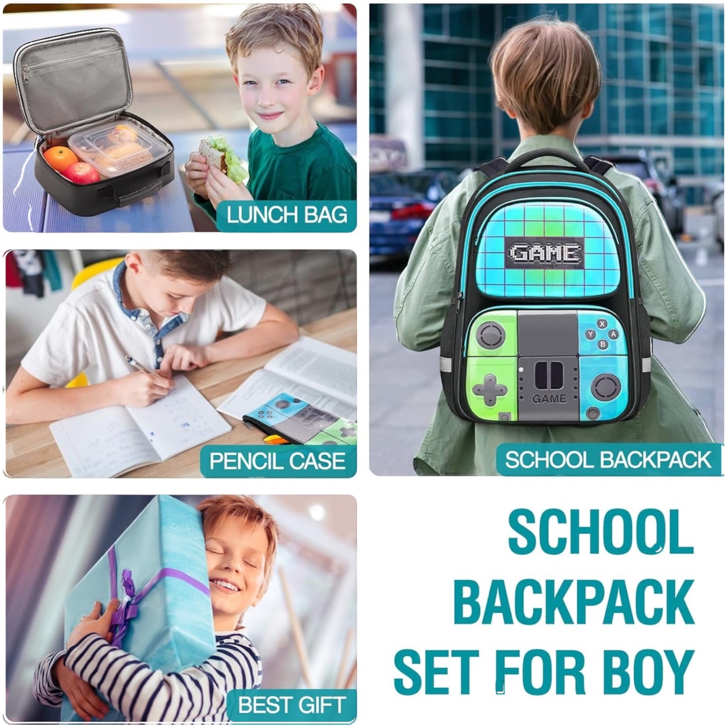 Gamer School Backpack for Boys Kids, School Bag for Elementary & Middle Students for Ages 6-14