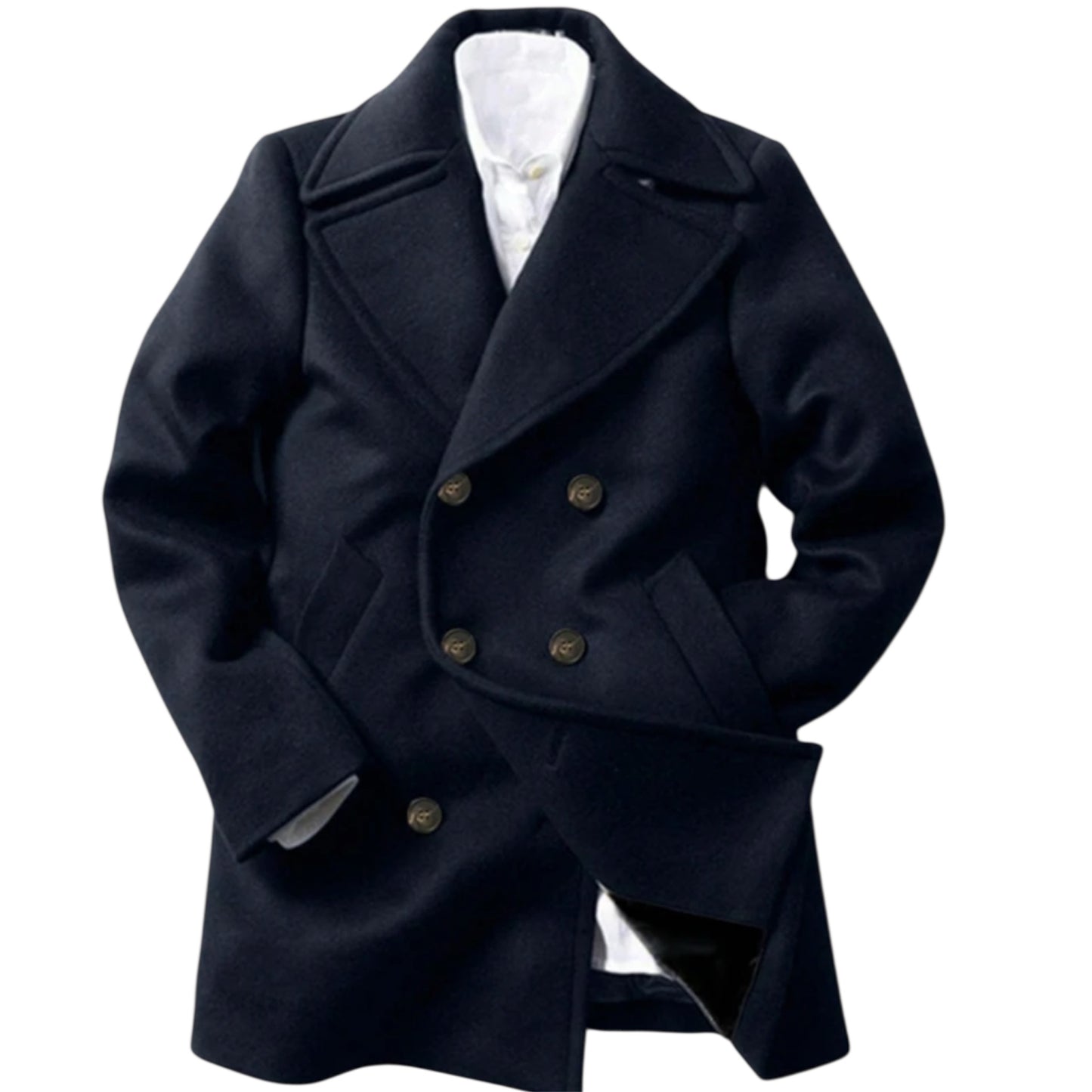Elegant Long Men’s Overcoat – Navy Blue Double-Breasted Business Coat