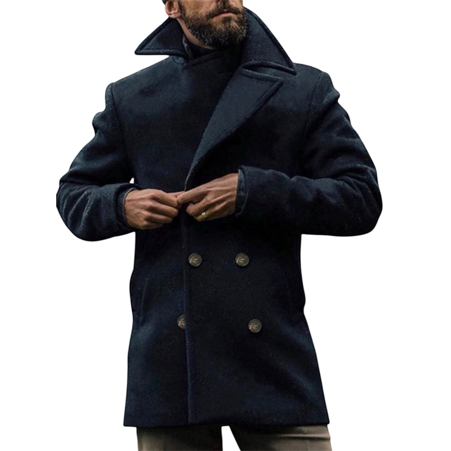 Elegant Long Men’s Overcoat – Navy Blue Double-Breasted Business Coat