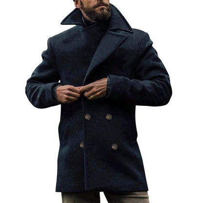 Elegant Long Men’s Overcoat – Navy Blue Double-Breasted Business Coat