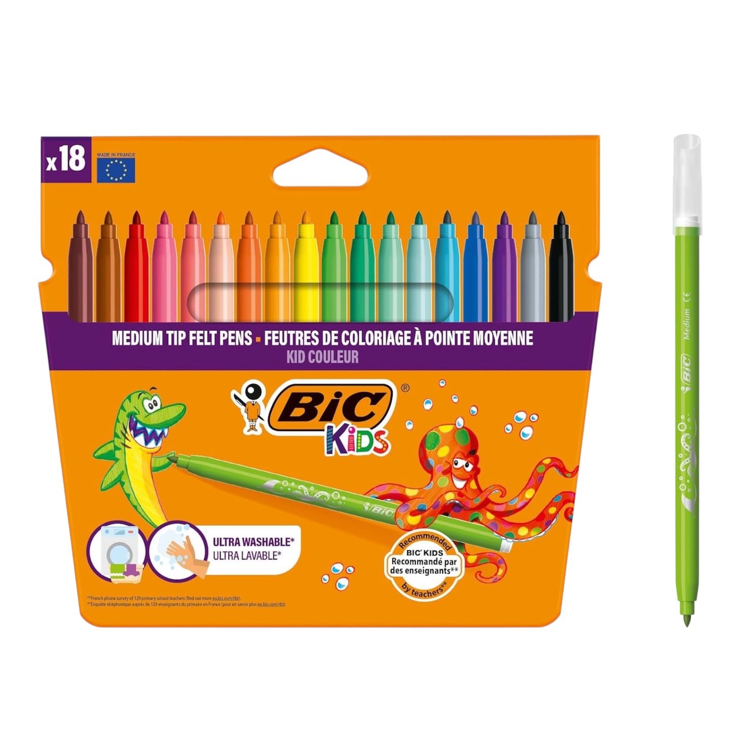 BIC Kids Kid Couleur Felt Tip Colouring Pens - Assorted Colours, Water-Based, Cardboard Wallet of 18