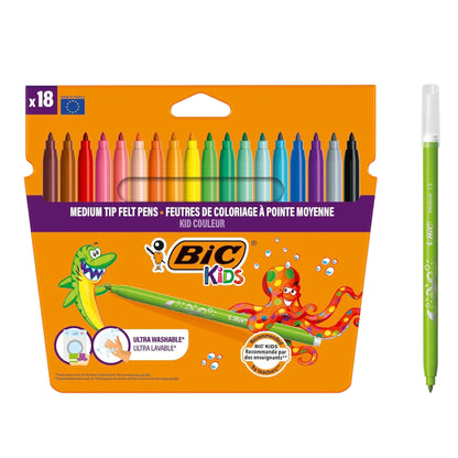 BIC Kids Kid Couleur Felt Tip Colouring Pens - Assorted Colours, Water-Based, Cardboard Wallet of 18