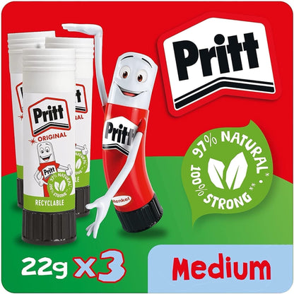 Pritt Glue Stick, Safe & Child-Friendly Craft Glue for Arts & Crafts Activities, Strong-Hold Adhesive for School & Office Supplies, 22 G (Pack of 3)