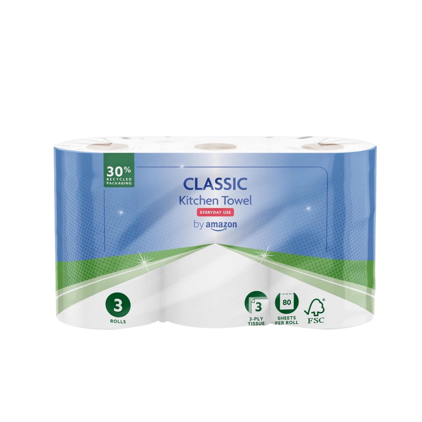 Classic Kitchen Roll, 3-Ply, Strong and Absorbent, 3 Rolls (1 Pack of 3), 80 Sheets per Roll, FSC Certified