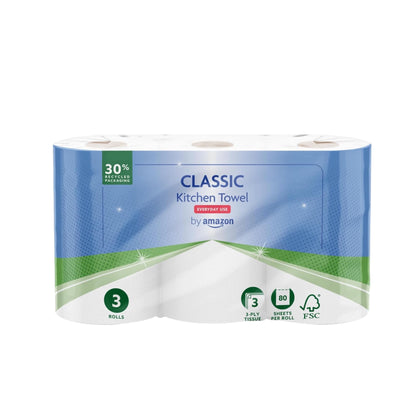 Classic Kitchen Roll, 3-Ply, Strong and Absorbent, 3 Rolls (1 Pack of 3), 80 Sheets per Roll, FSC Certified