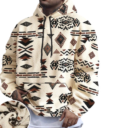 Men’s Totem Print Hooded Sherpa Fleece Sweatshirt – Khaki Boho Style