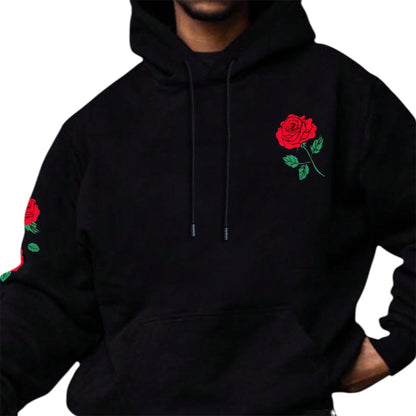 Manfinity Homme Men’s Floral Print Drawstring Hoodie – Black Graphic Streetwear