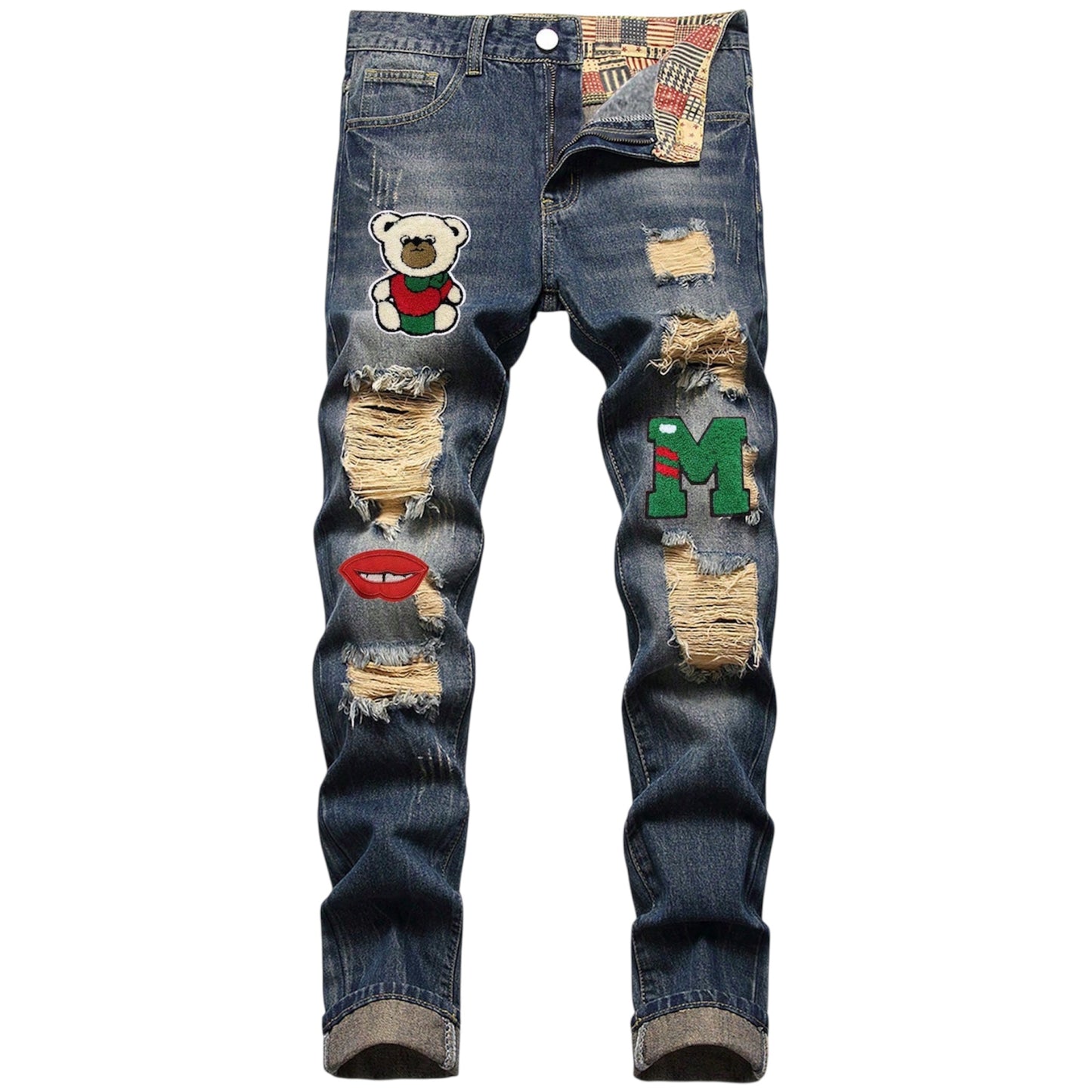 Men’s Cartoon & Letter Patched Ripped Jeans – Dark Wash Skinny Denim