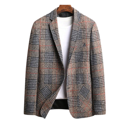 Men’s Plaid Print Lapel Neck Blazer – Khaki Business Commuting Jacket