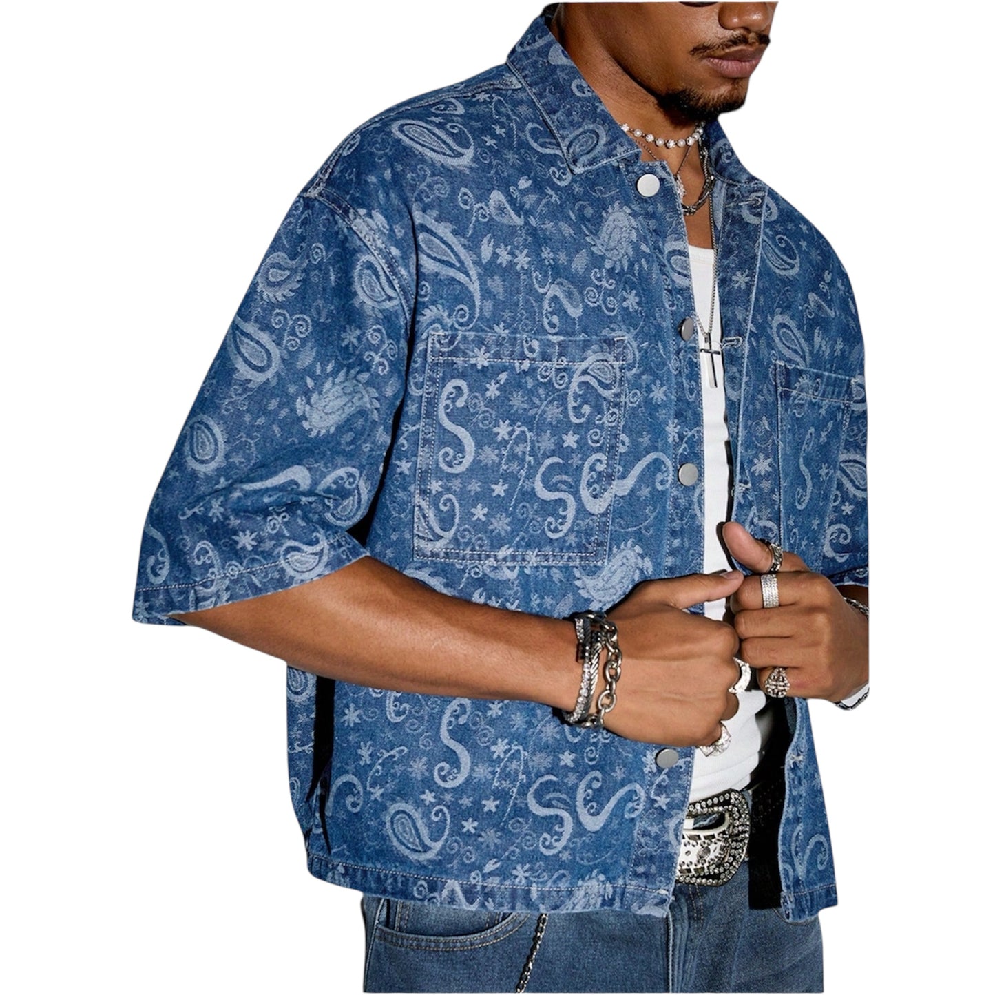 ROMWE Men’s Paisley Print Patchwork Denim Shirt – Short Sleeve Summer Vacation Shirt