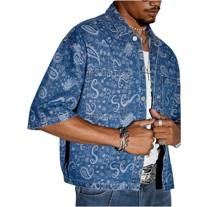 ROMWE Men’s Paisley Print Patchwork Denim Shirt – Short Sleeve Summer Vacation Shirt