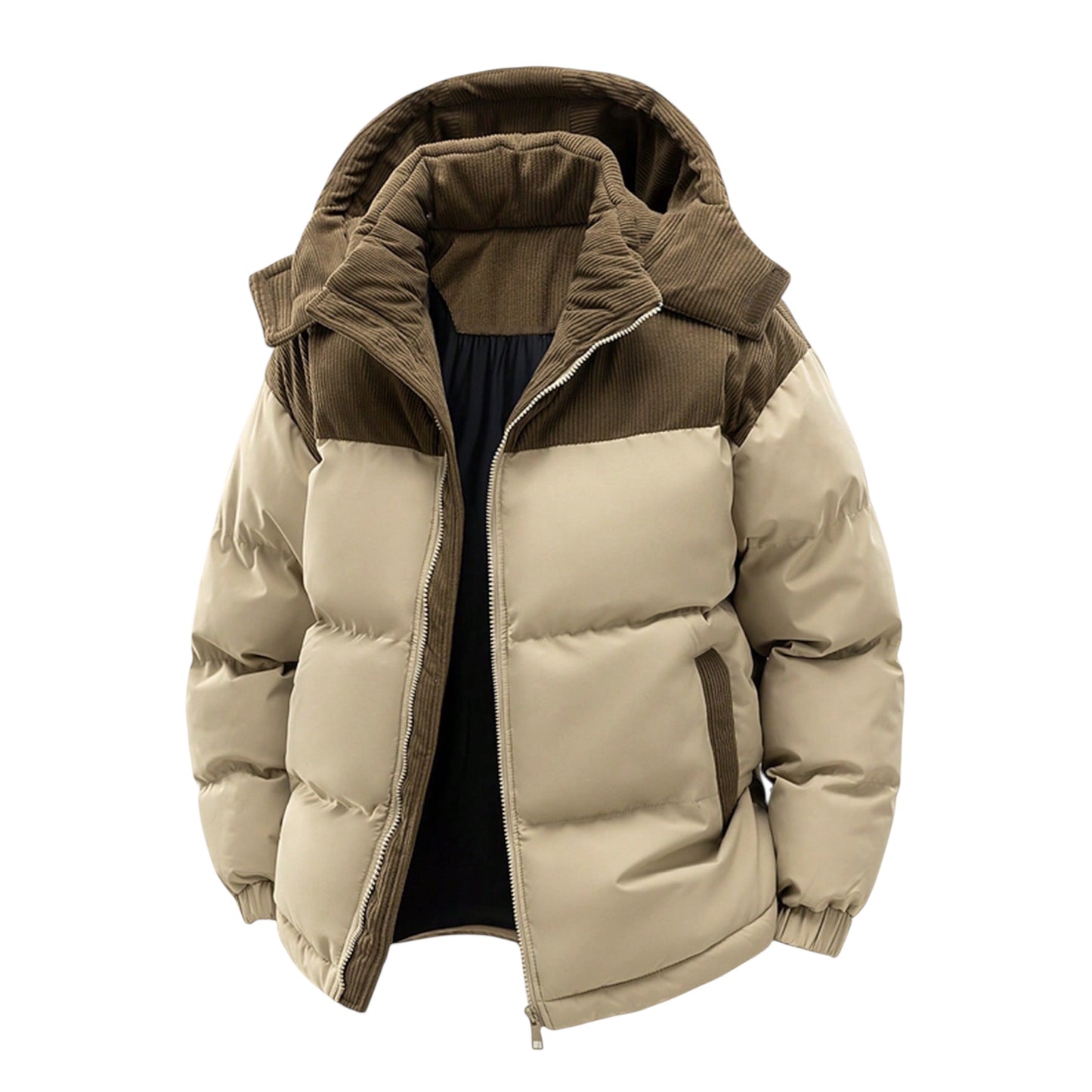 Men’s Autumn/Winter Contrast Color Hooded Padded Coat – Khaki Warm Puffer Jacket
