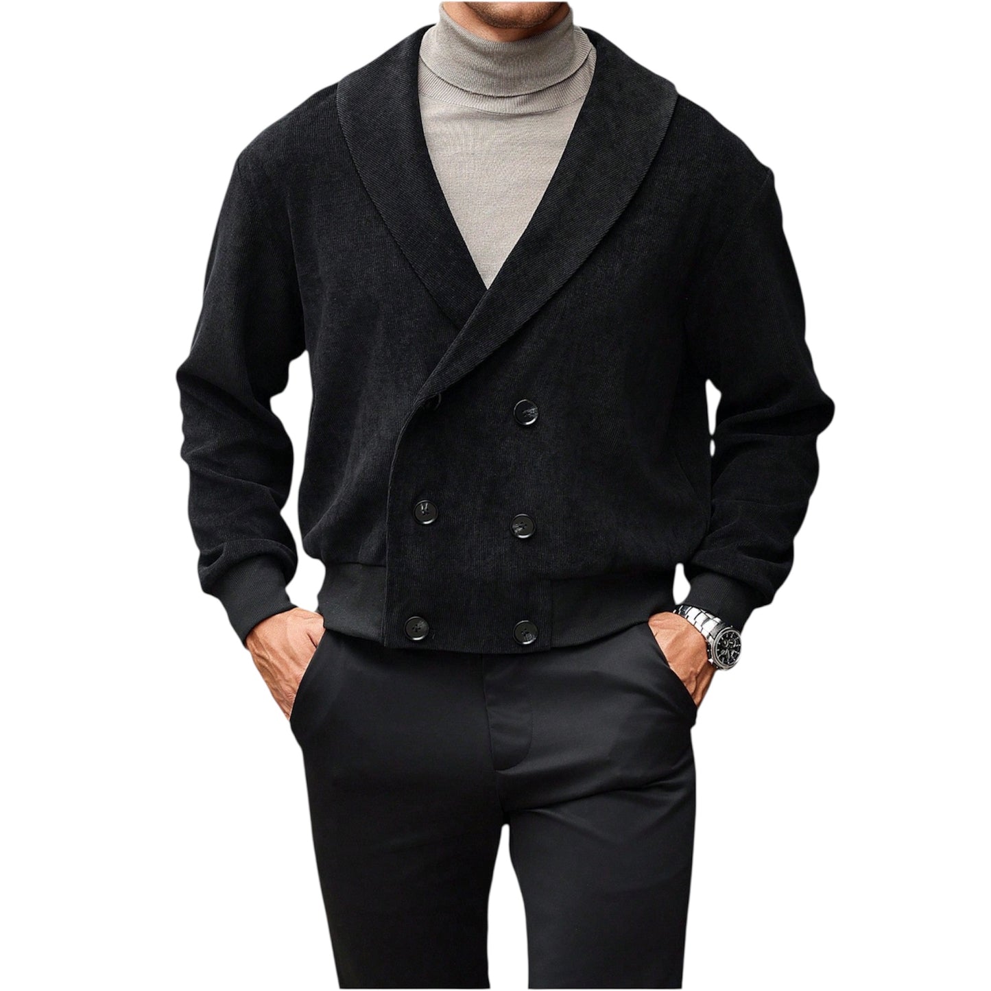 Manfinity Bizformal Men’s Shawl Collar Double-Breasted Jacket – Black Autumn & Winter Knit Blazer