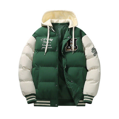 Men’s Patchwork Baseball Jacket with Embroidery & Detachable Hood – Green Winter Outerwear