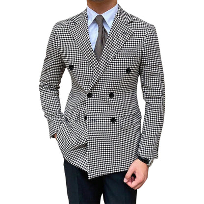 Finelong Men’s Houndstooth Pattern Suit Jacket – Black Double-Breasted Blazer
