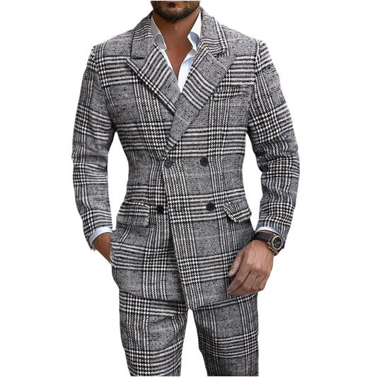 Manfinity Mode Men’s Plaid Double-Breasted Suit Jacket & Pants Set – Black Business Outfit