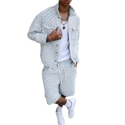 Manfinity EMRG Men’s Frayed Denim Jacket & Jeans Set – Long Sleeve, Single-Breasted Casual Suit