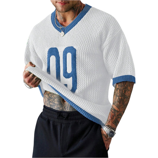 Manfinity Homme Men'S Casual Knit Short Sleeve V-Neck Numeric Print Top Football Jersey Men Mesh Jersey Men Knit Top Men