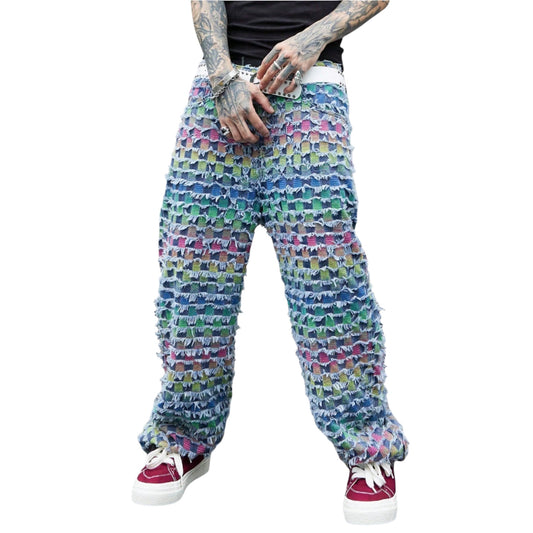 EMRG Men's Allover Print Straight Leg Jeans – Wide, Baggy Washed Cargo Style, Perfect Gift for Husband or Boyfriend
