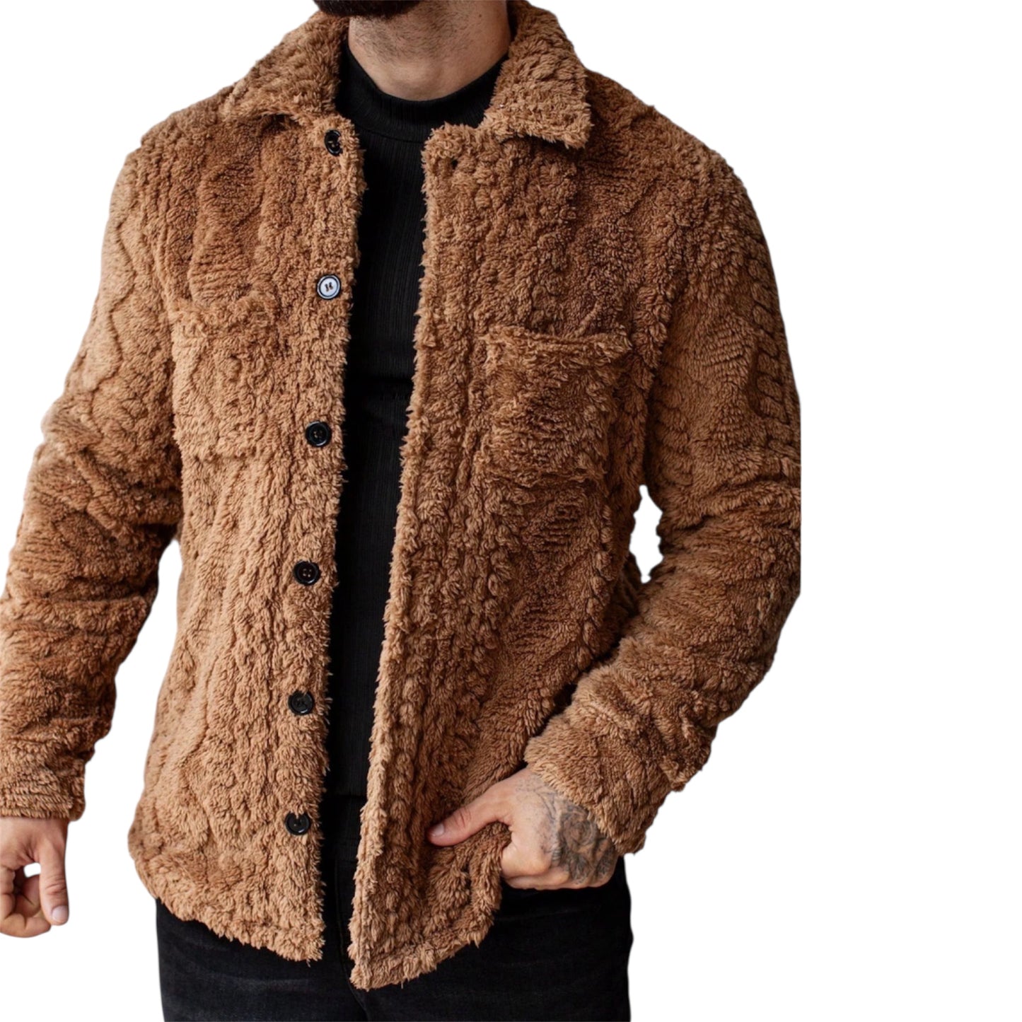 Manfinity Homme Men’s Casual Solid Colour Fuzzy Jacket – Flannel Teddy Coat for Autumn and Winter