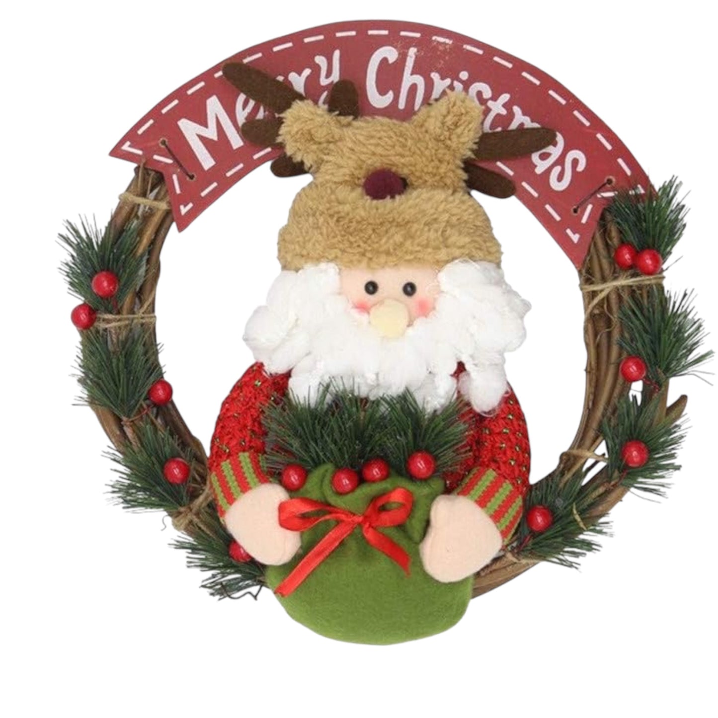 Merry Christmas Wreath Santa Claus Snowman Reindeer Dolls Artificial Rattan Hanging Ornaments Home Wall Window Kitchen Hall Decor