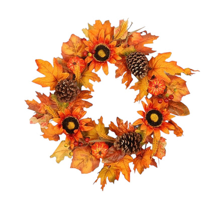 Artificial Maple Leaf Berries Pumpkin Pine Cone Garland Autumn Winter Front Door Wreath Pendant Decor for Christmas Halloween