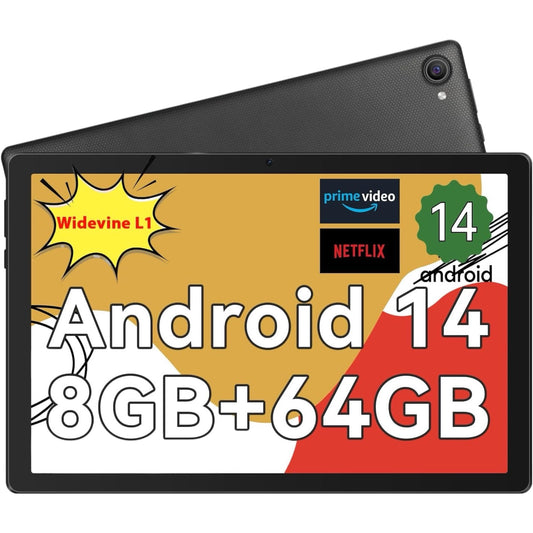 Whitedeer  10 Inch Octa-Core Processor Android 14 Tablet, Face ID丨OTG, 8GB+64GB/1TB TF, 1280*800丨5G Wifi丨Bt5.3丨Tab PC with Dual Camera 5MP+8MP, Support Split-Screen, 5000Mah, Widevine L1(Black)