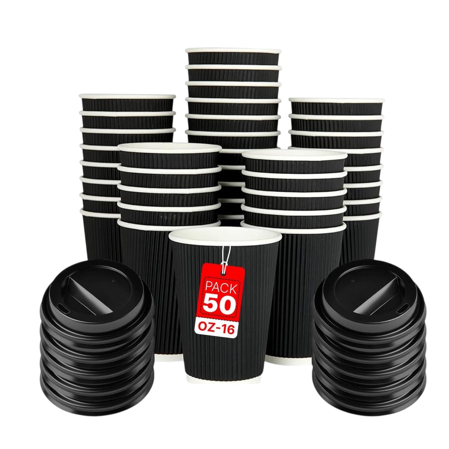 Zuvo 50 Pack Takeaway Coffee Cups with Lids | Disposable Insulated Triple Wall Ripple Kraft Paper Coffee Cups for Takeaway Coffee, Tea or Hot Liquids | Pack of 50 (16 Oz.)